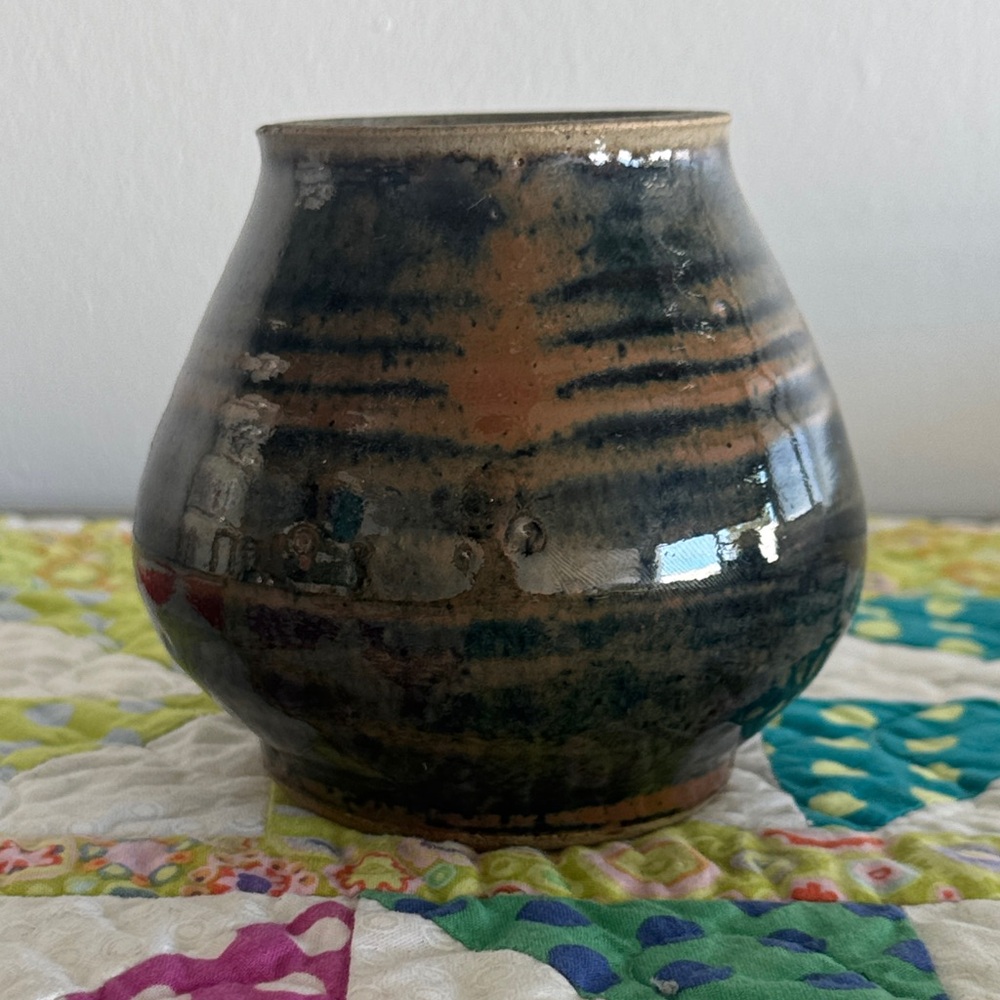 Vintage MCM Stoneware Pottery Ceramic Vase with Black and Brown Glaze, 3.5” Tall